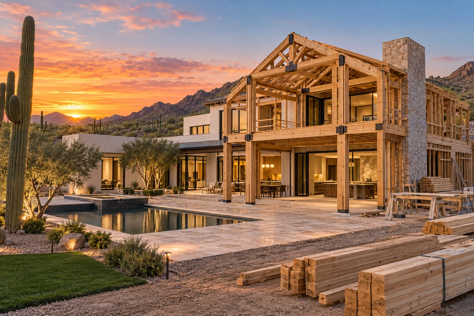 Timber framing of a luxury desert home at golden hour