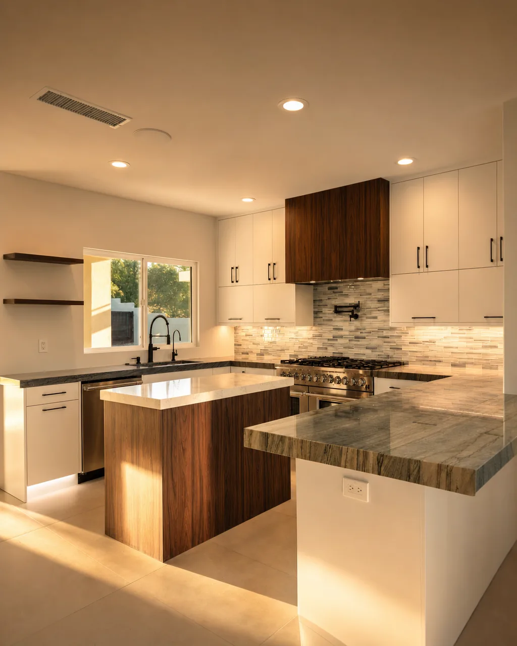 Kitchen with walnut island, slab counters and integrated appliances in a completed 123 Construction build